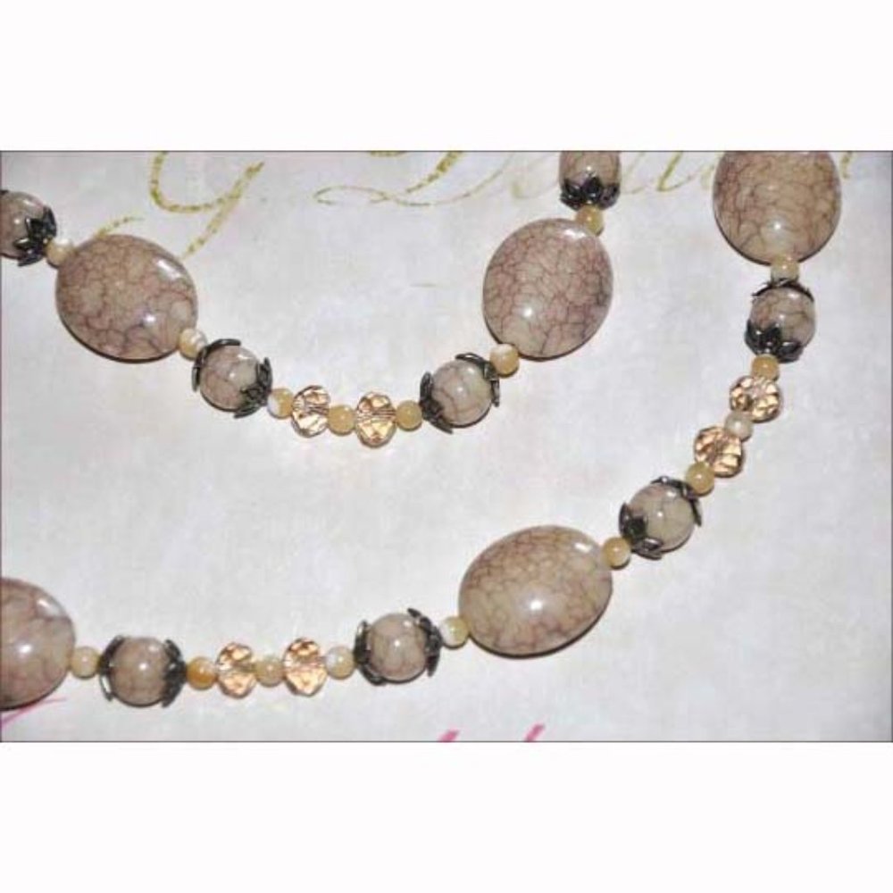 Tan Crackle Brecciated Stone Necklace Champagne Czech Crystal Beaded Necklace